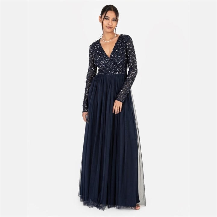 Maya Deluxe Women's Blue Maya Faux Wrap Front Embellished Maxi Dress in Size 6, Sports Direct
