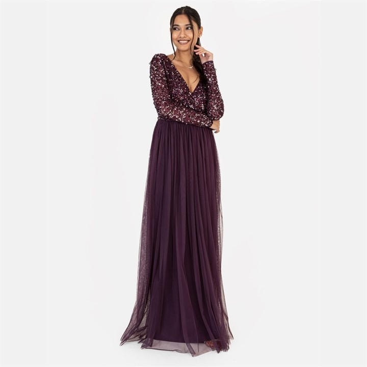 Maya Deluxe Women's Purple Maya Faux Wrap Front Embellished Maxi Dress in Size 6, Sports Direct