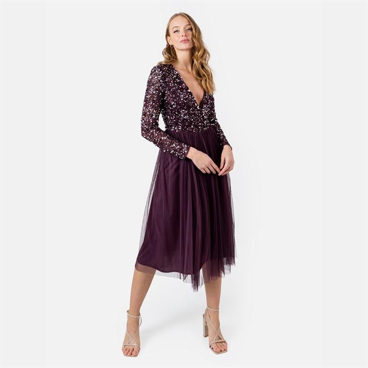 Maya Deluxe Women's Purple Maya Berry Faux Wrap Front Embellished Maxi Dress, Sports Direct