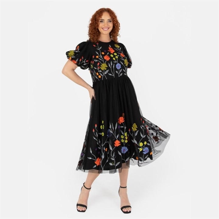 Maya Deluxe Women's Black Maya Floral Embroidered Midi Dress With Keyhole Back in Size 8, Sports Direct
