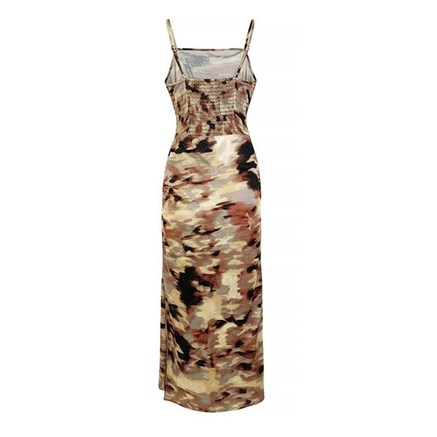 Brown - AX Paris - Brown Smudge Print Strappy Ruched Side Midi Dress