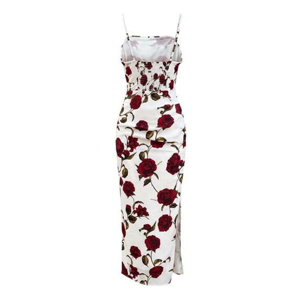 Cream - AX Paris - Cream Rose Printed Ruched Side Strappy Midi Dress