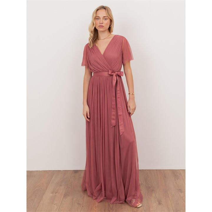 Anaya With Love Women's Pink Recycled Faded Rose Tulle Faux Wrap Short Sleeve Maxi Dress in Size 14, Sports Direct