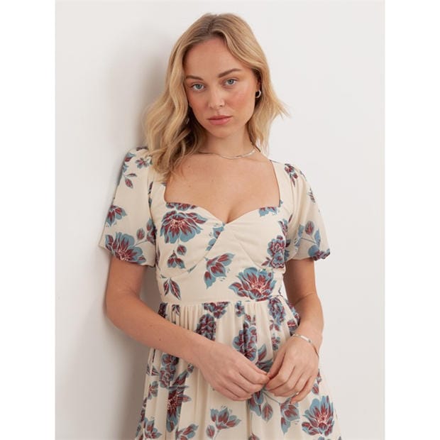 Crm/Blu Floral - Anaya With Love - Anaya With Love Recycled Floral Sweetheart Neck Puff Sleeve Midaxi Dress