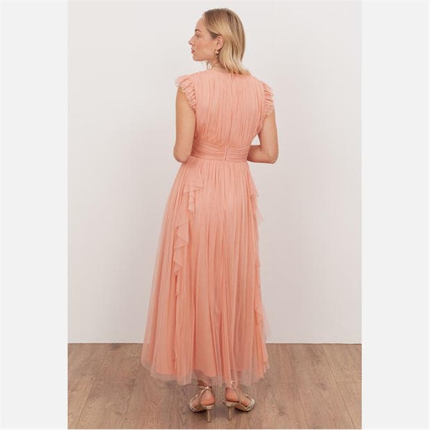 Peach - Anaya With Love - Anaya With Love Recycled Peach V Neck Midaxi Dress with Waterfall Ruffle Detail