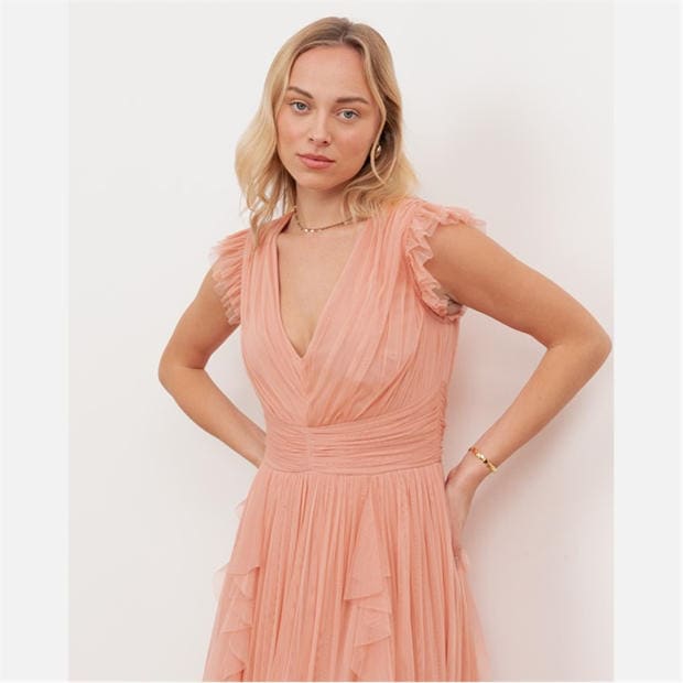 Peach - Anaya With Love - Anaya With Love Recycled Peach V Neck Midaxi Dress with Waterfall Ruffle Detail