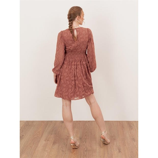Terracotta Pink - Lovedrobe - Lovedrobe Terracotta Floral Burnout Maxi Sleeve Mini Dress