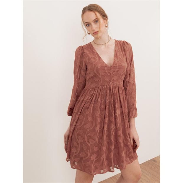 Terracotta Pink - Lovedrobe - Lovedrobe Terracotta Floral Burnout Maxi Sleeve Mini Dress