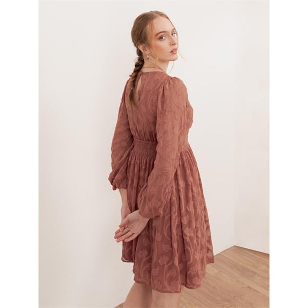 Terracotta Pink - Lovedrobe - Lovedrobe Terracotta Floral Burnout Maxi Sleeve Mini Dress
