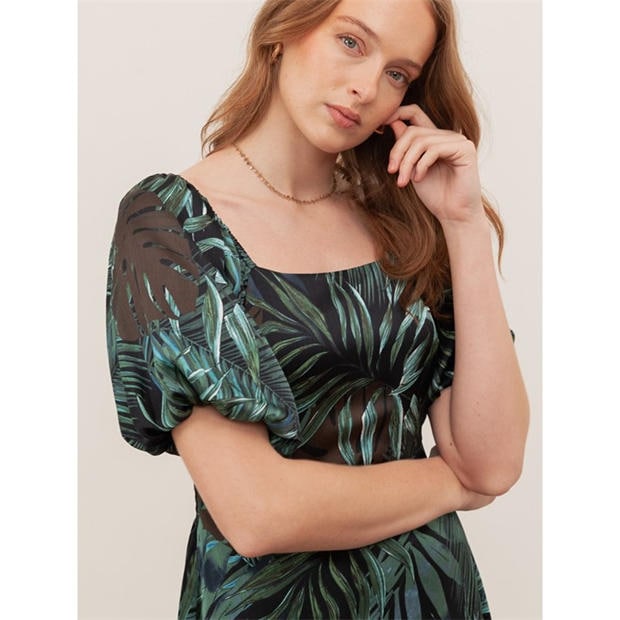 Navy - Lovedrobe - Lovedrobe Tropical Print Square Neck Short Sleeve Maxi Dress