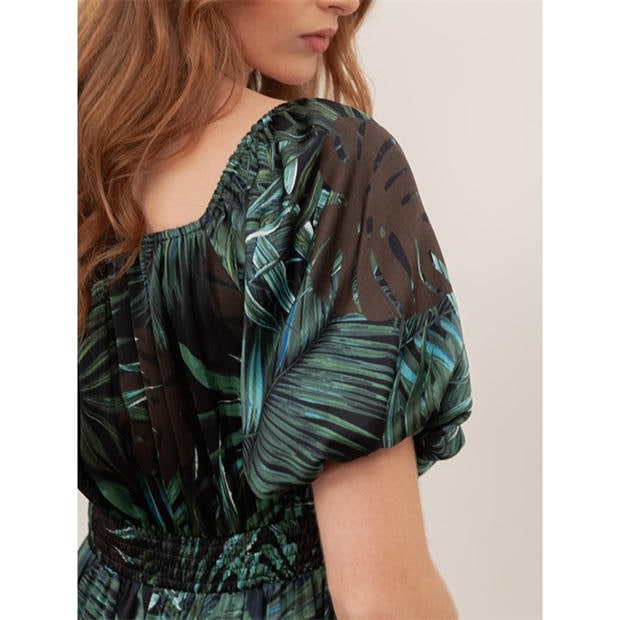 Navy - Lovedrobe - Lovedrobe Tropical Print Square Neck Short Sleeve Maxi Dress
