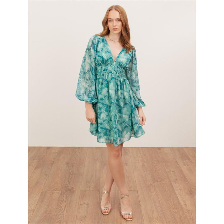 Lovedrobe Women's Green Abstract Print Maxi Sleeve Shirred Empire Waist Mini Dress in Size 12, Sports Direct