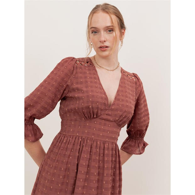 Terracotta Pink - Lovedrobe - Lovedrobe Terracotta Pink Gingham V Neck Midaxi Dress