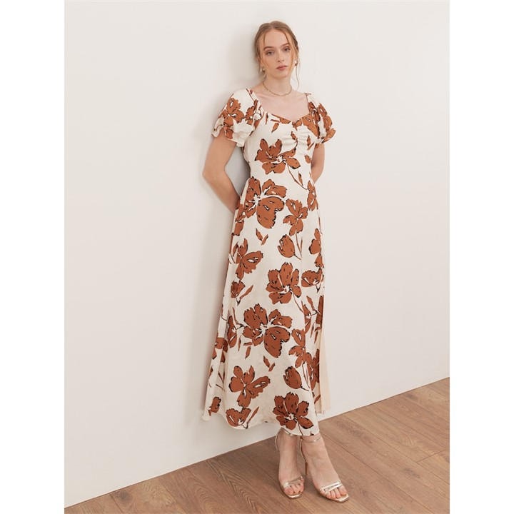 Lovedrobe Women's Cream Textured Floral Midaxi Dress With Ruched Front in Size 16, Sports Direct