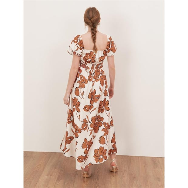 Cream - Lovedrobe - Lovedrobe Textured Floral Midaxi Dress with Ruched Front