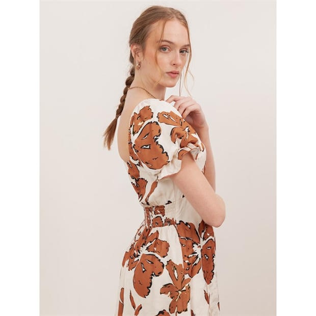 Cream - Lovedrobe - Lovedrobe Textured Floral Midaxi Dress with Ruched Front