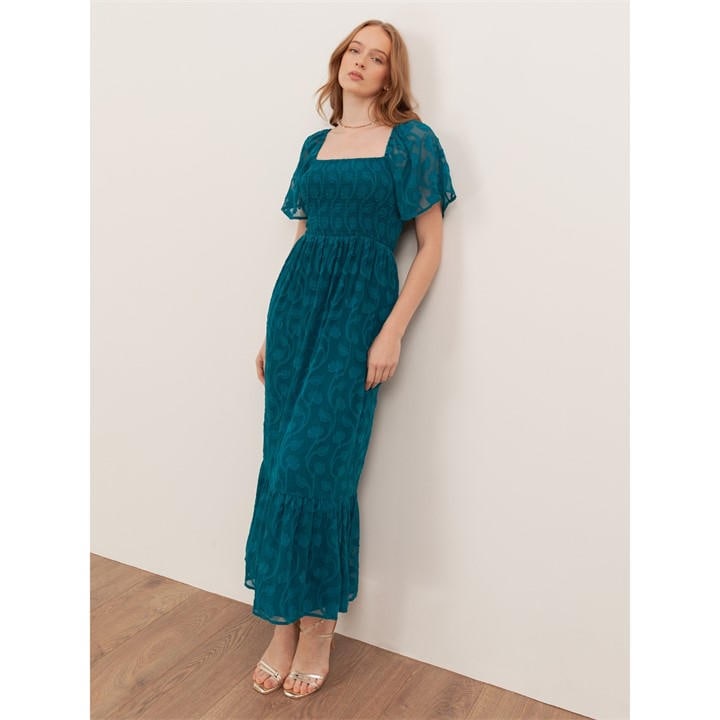 Lovedrobe Women's Green Teal Floral Burnout Square Neck Shirred Midaxi Dress in Size 16, Sports Direct