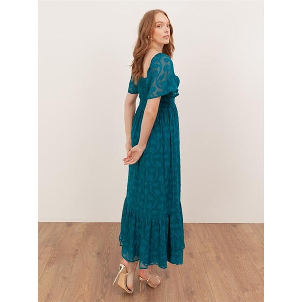 Teal Green - Lovedrobe - Lovedrobe Teal Floral Burnout Square Neck Shirred Midaxi Dress