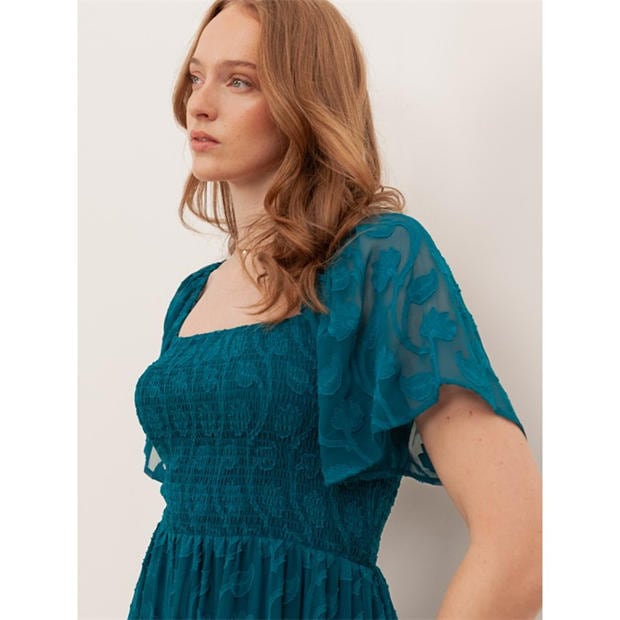 Teal Green - Lovedrobe - Lovedrobe Teal Floral Burnout Square Neck Shirred Midaxi Dress