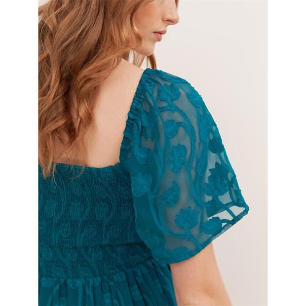 Teal Green - Lovedrobe - Lovedrobe Teal Floral Burnout Square Neck Shirred Midaxi Dress