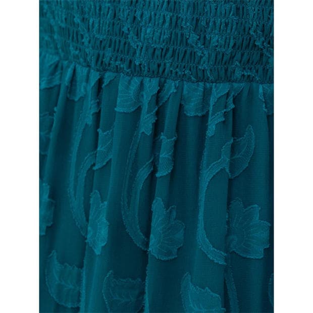 Teal Green - Lovedrobe - Lovedrobe Teal Floral Burnout Square Neck Shirred Midaxi Dress