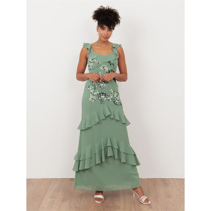 Maya Deluxe Women's Green Maya Dark Sage Embellished Ruffled Maxi Dress With Keyhole Back in Size 12, Sports Direct