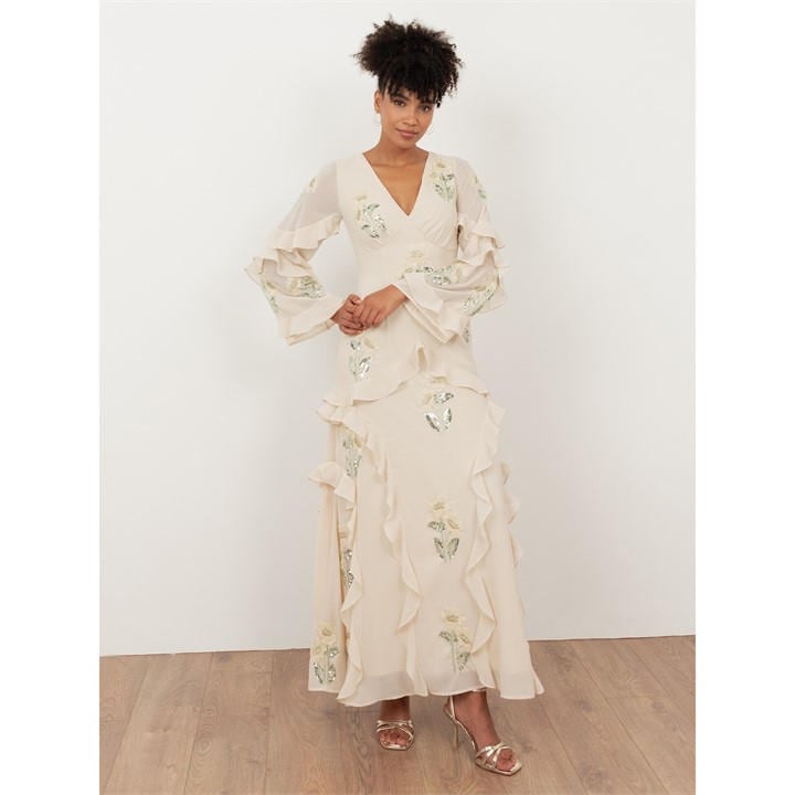 Maya Deluxe Women's Cream Maya Vanilla Embellished Maxi Sleeve Ruffle Maxi Dress in Size 12, Sports Direct