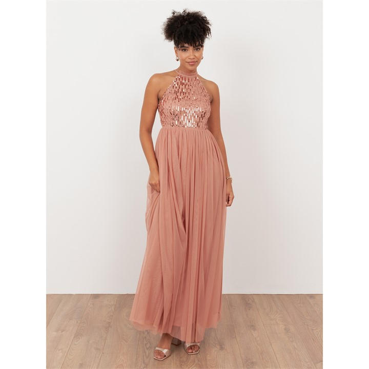Maya Deluxe Women's Pink Maya Terracotta Linear Embellished Halter Neck Maxi Dress in Size 12, Sports Direct