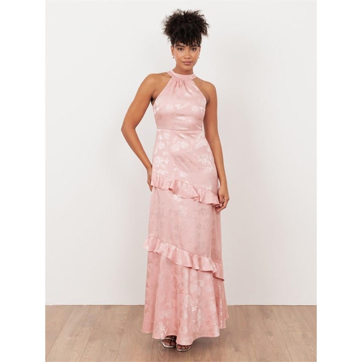 Maya Deluxe Women's Pink Maya Soft Floral Jacquard Satin Halter Neck Maxi Dress in Size 14, Sports Direct