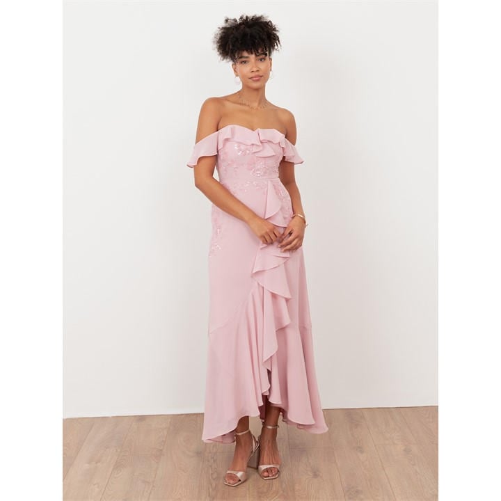 Maya Deluxe Women's Pink Maya Soft Embellished Faux Wrap Bardot Midaxi Dress in Size 14, Sports Direct