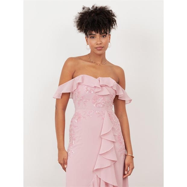 Soft Pink - Maya Deluxe - Maya Soft Pink Embellished Faux Wrap Bardot Midaxi Dress