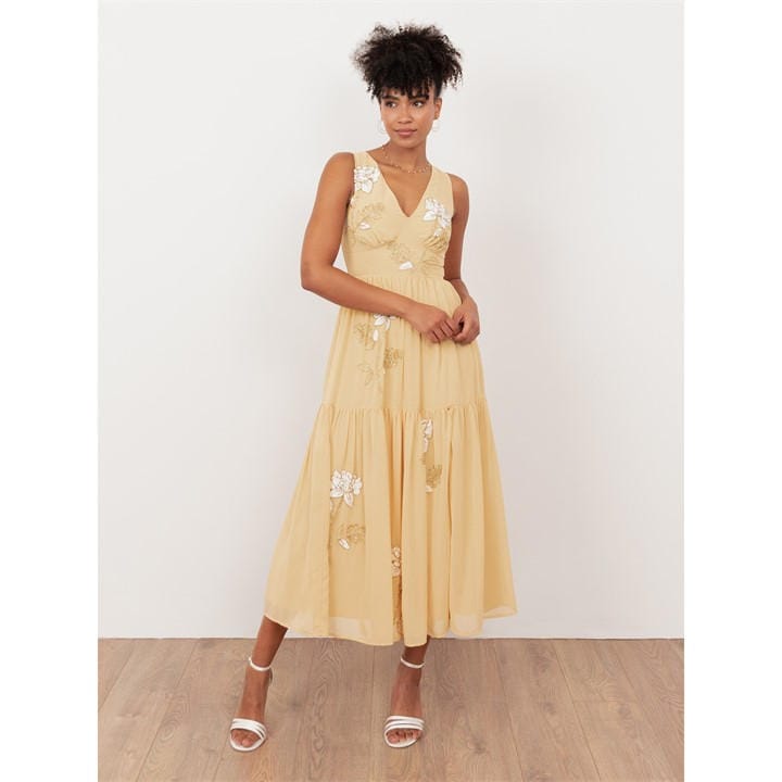 Maya Deluxe Women's Yellow Maya Buttercream Floral Embellished V Neck Midaxi Dress With Split in Size 12, Sports Direct