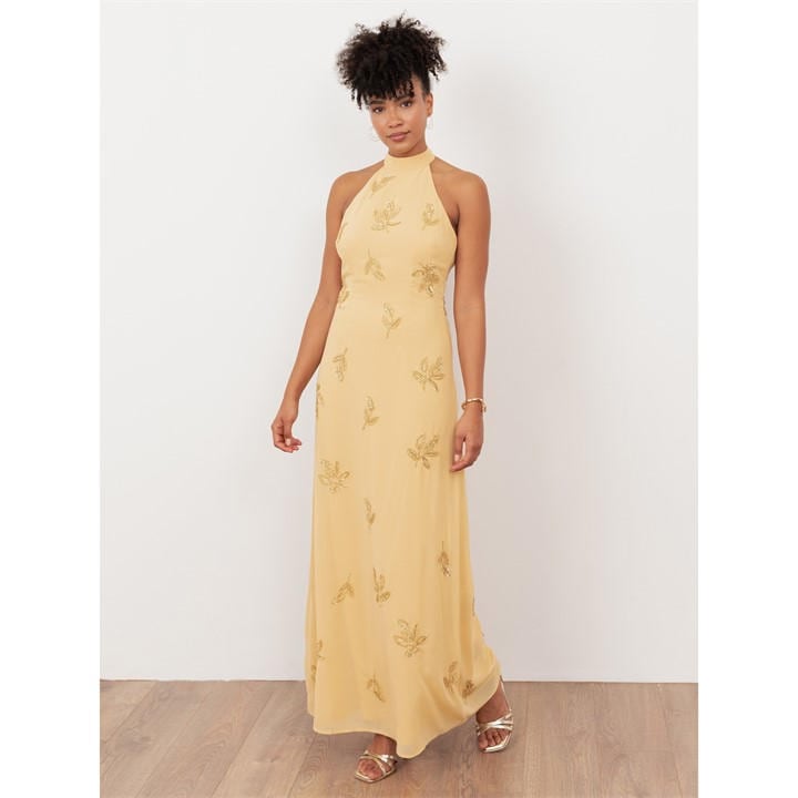 Maya Deluxe Women's Yellow Maya Buttercream Embellished Halter Neck & Open Back Maxi Dress in Size 14, Sports Direct