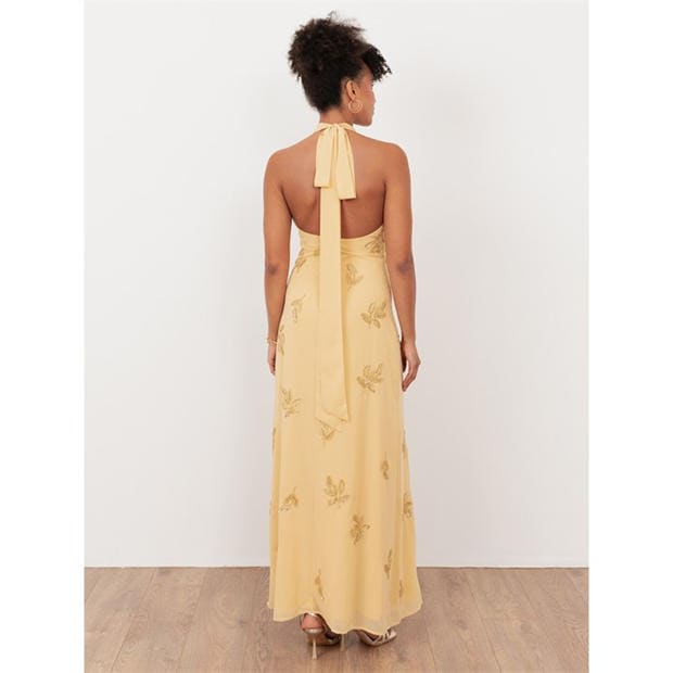 Buttercream - Maya Deluxe - Maya Buttercream Embellished Halter Neck & Open Back Maxi Dress