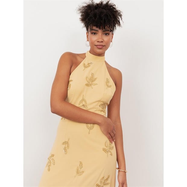 Buttercream - Maya Deluxe - Maya Buttercream Embellished Halter Neck & Open Back Maxi Dress