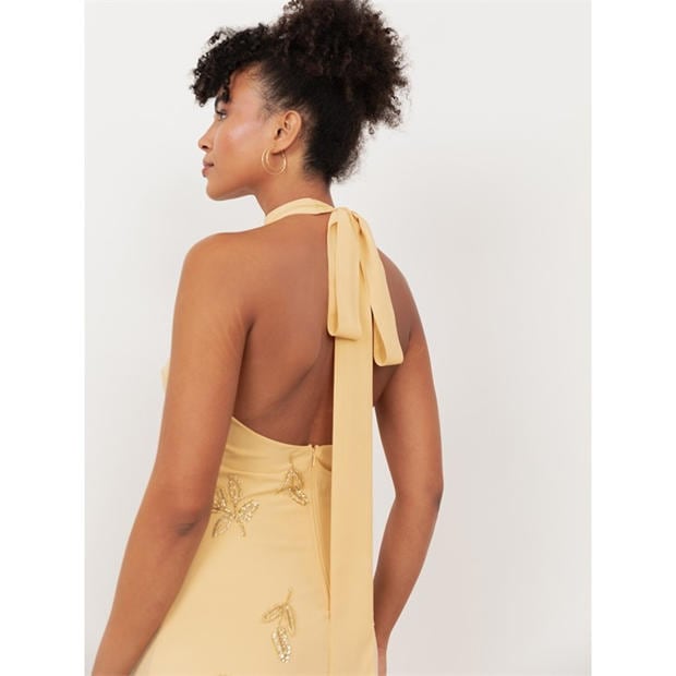 Buttercream - Maya Deluxe - Maya Buttercream Embellished Halter Neck & Open Back Maxi Dress