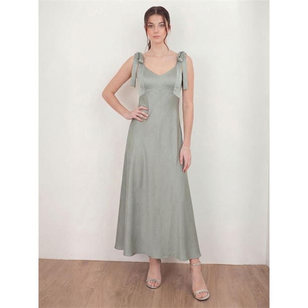 Sage Green - Maya Deluxe - Womens Tie Shoulder Satin Maxi Occasion Dress
