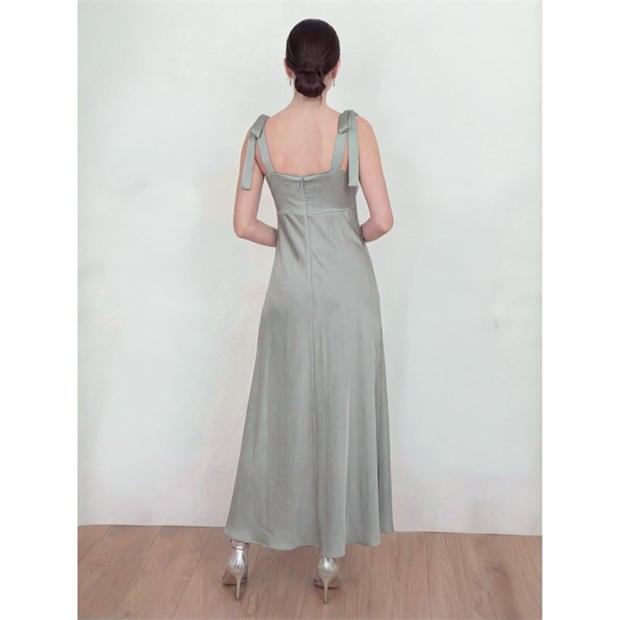 Sage Green - Maya Deluxe - Womens Tie Shoulder Satin Maxi Occasion Dress