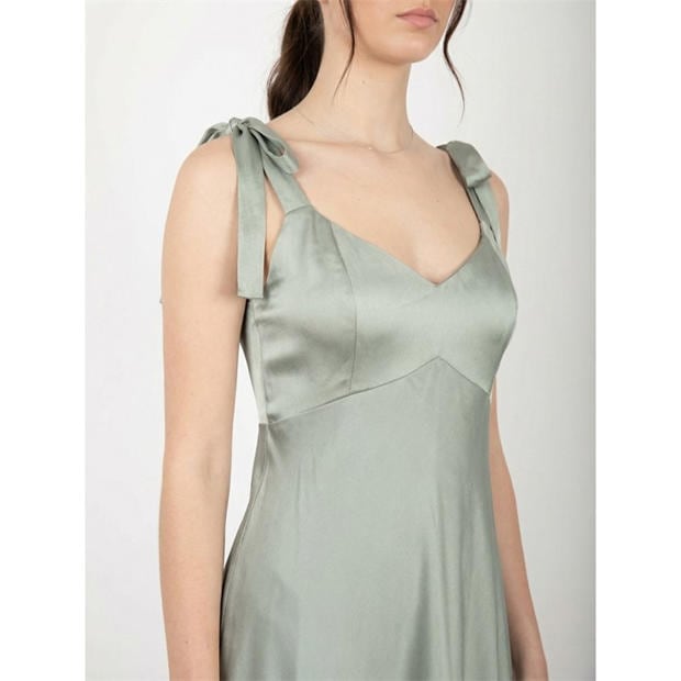Sage Green - Maya Deluxe - Womens Tie Shoulder Satin Maxi Occasion Dress