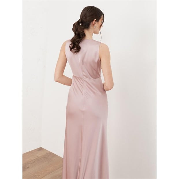 Soft Pink - Maya Deluxe - Womens V Neck Open Back Satin Occasion Maxi Dress