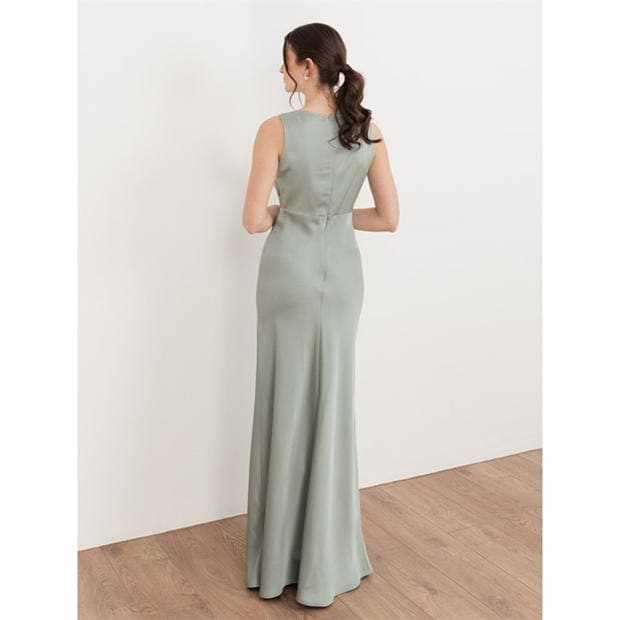 Sage Green - Maya Deluxe - Womens V Neck Open Back Satin Occasion Maxi Dress