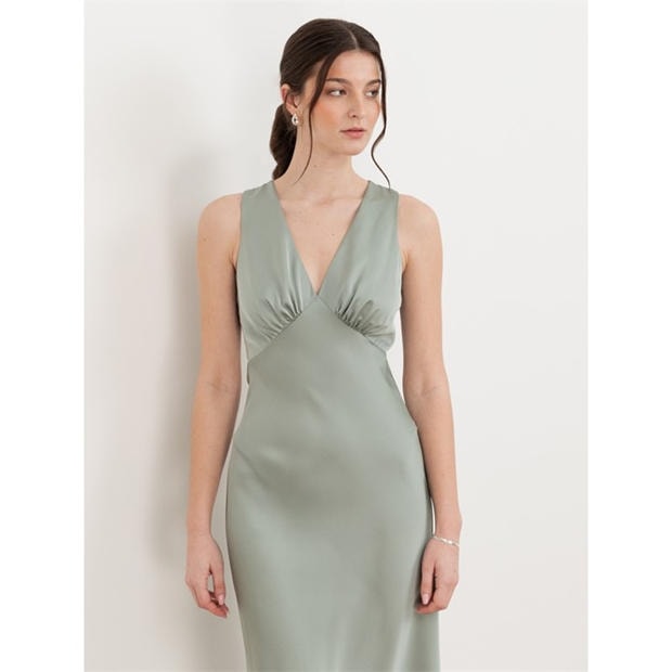 Sage Green - Maya Deluxe - Womens V Neck Open Back Satin Occasion Maxi Dress