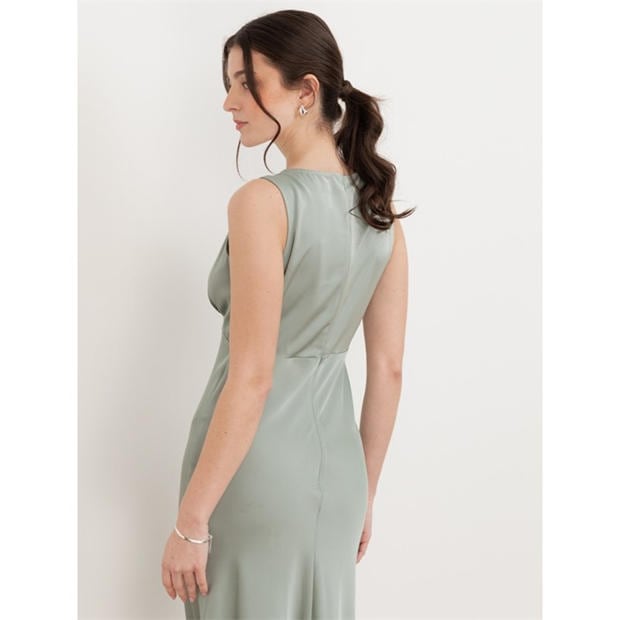 Sage Green - Maya Deluxe - Womens V Neck Open Back Satin Occasion Maxi Dress