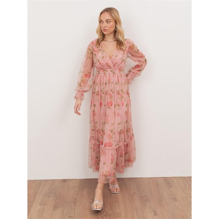 Anaya With Love Women's Pink Recycled Floral Print Faux Wrap Maxi Sleeve Midaxi Dress in Size 10, Sports Direct