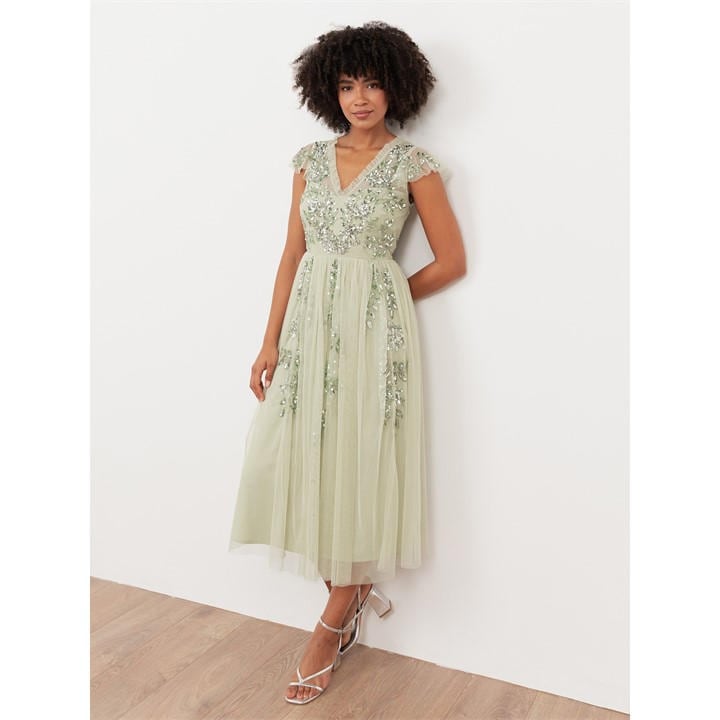 Maya Deluxe Women's Green Maya Meadow Embellished Tulle Midi Dress With Open Back in Size 10, Sports Direct