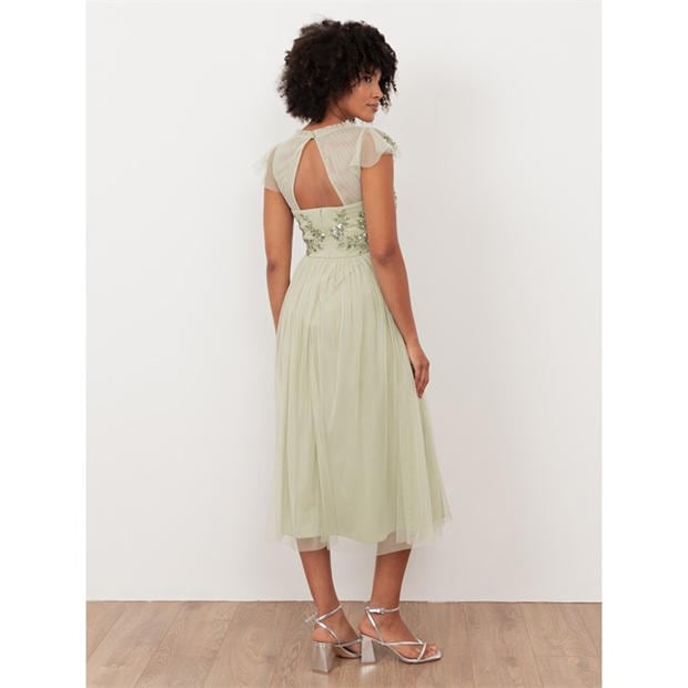 Meadow Grass - Maya Deluxe - Maya Meadow Green Embellished Tulle Midi Dress with Open Back