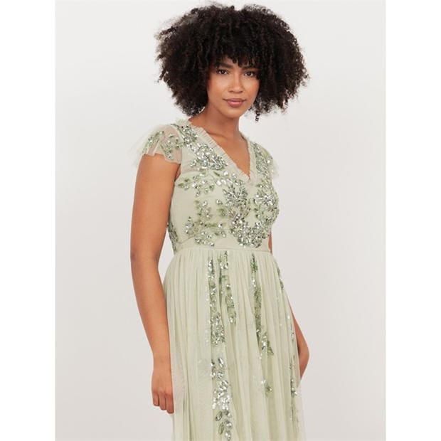 Meadow Grass - Maya Deluxe - Maya Meadow Green Embellished Tulle Midi Dress with Open Back