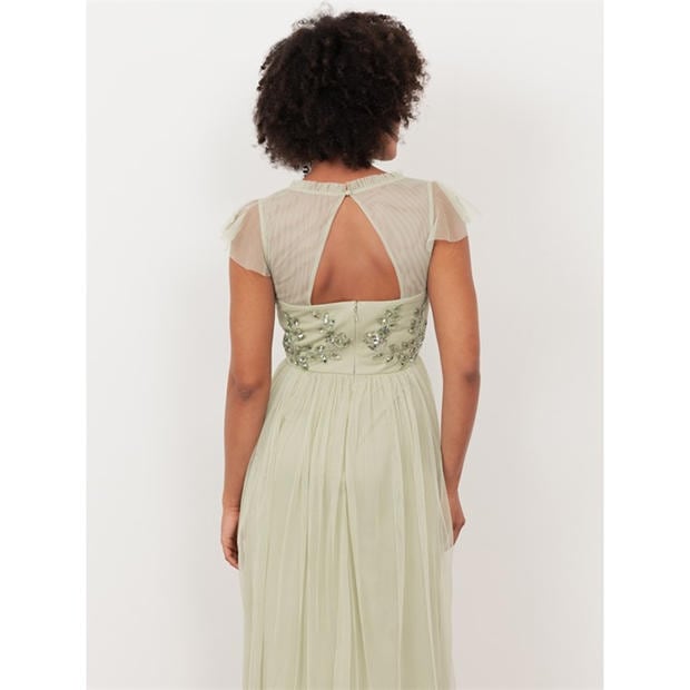 Meadow Grass - Maya Deluxe - Maya Meadow Green Embellished Tulle Midi Dress with Open Back