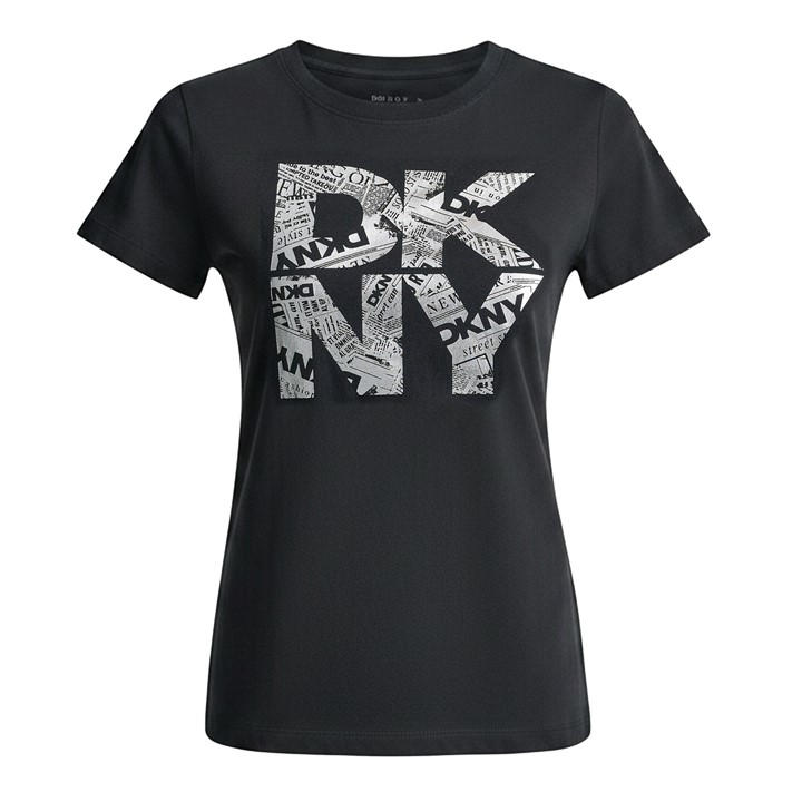 Dkny Women's Black Newsprint Stacked Logo Crew Neck Tee in Size 8, Sports Direct