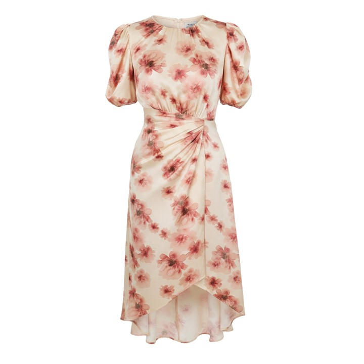 Paris  Women's  Blush Floral Print Puff Sleeve Gathered Side Midi Dress, Football by AX  in Size 12, Sports Direct